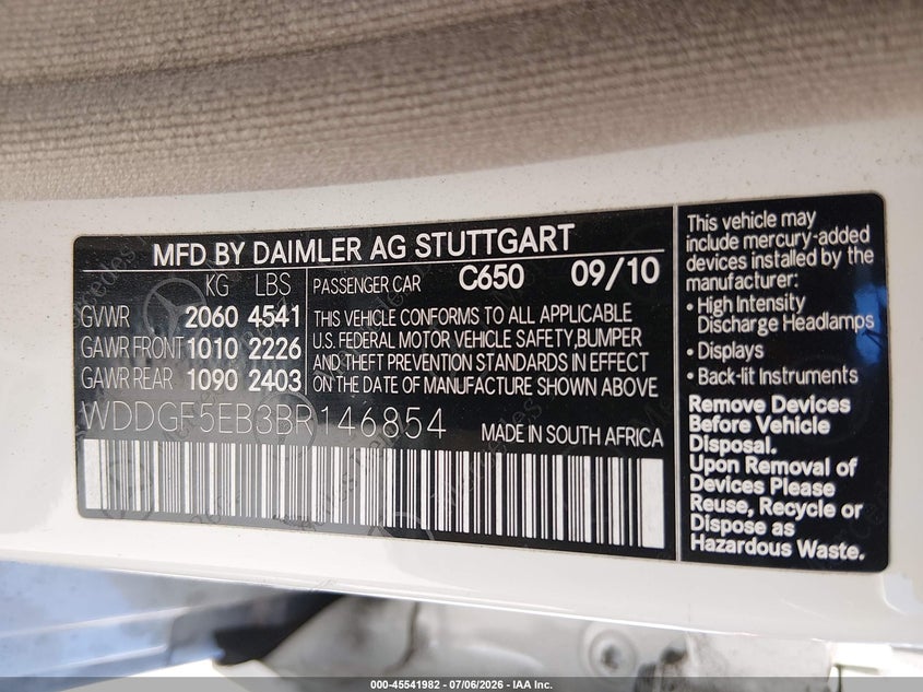 2011 Mercedes-benz C class VIN WDDGF5EB3BR146854 IAAI salvage auction — LEFT FRONT, Salvage (California), sold $1,150 on 2026-08-08 (photo 9)