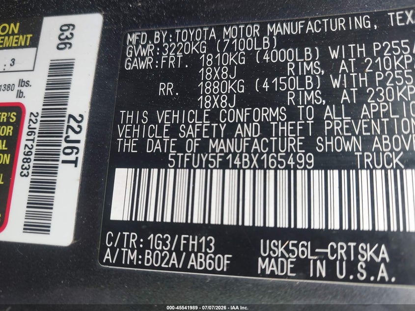 2011 Toyota Tundra VIN 5TFUY5F14BX165499 IAAI salvage auction — UNDERCARRIAGE, Mv-907A (New York), sold $2,050 on 2026-07-09 (photo 9)