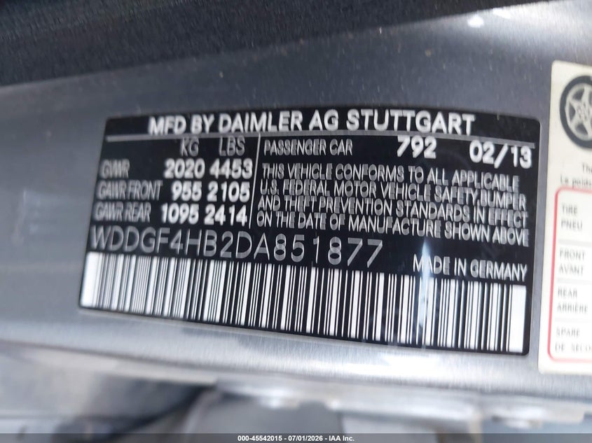 2013 Mercedes-benz VIN WDDGF4HB2DA851877 IAAI salvage auction — NORMAL WEAR, Clear - Dealer Only (California), sold $425 on 2026-07-21 (photo 9)