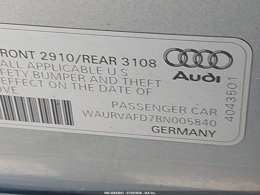 2011 Audi A8 VIN WAURVAFD7BN005840 IAAI salvage auction — MECHANICAL, Clear (Florida), sold $225 on 2026-07-29 (photo 9)