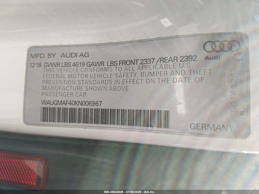 2019 Audi A4 VIN WAUGMAF40KN006967 IAAI salvage auction — FRONT END, Wait Title, sold $4,000 on 2026-09-18 (photo 9)