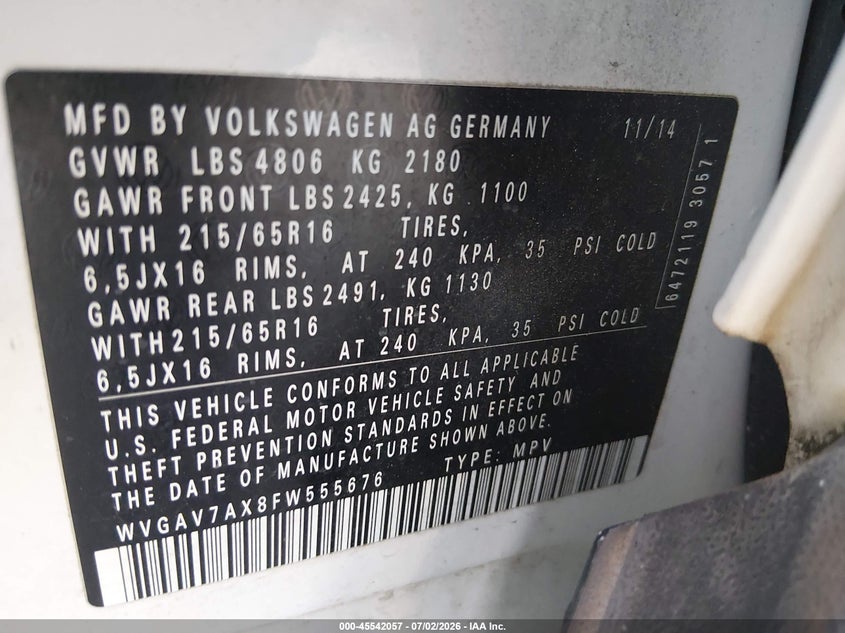 2015 Volkswagen Tiguan VIN WVGAV7AX8FW555676 IAAI salvage auction — LEFT FRONT, Clear (Georgia), sold $1,050 on 2026-07-29 (photo 9)