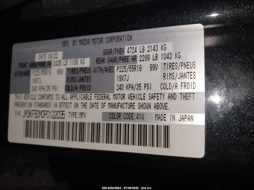 2023 Mazda Cx-5 VIN JM3KFBDM0P0122035 IAAI salvage auction — FRONT END, Mv-907A (New York), sold $5,100 on 2026-07-29 (photo 9)