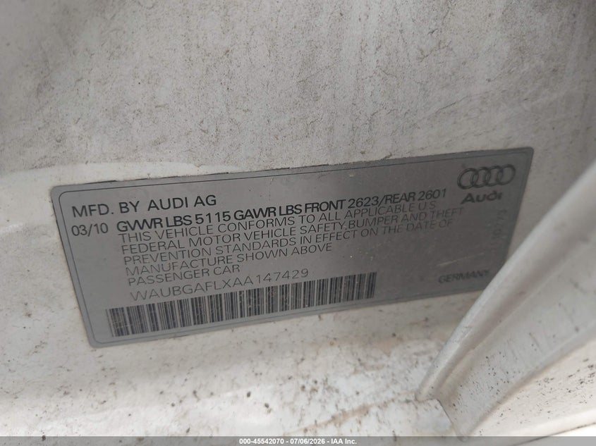 2010 Audi S4 VIN WAUBGAFLXAA147429 IAAI salvage auction — RIGHT FRONT, Salvage (Ohio), sold $1,650 on 2026-07-28 (photo 9)