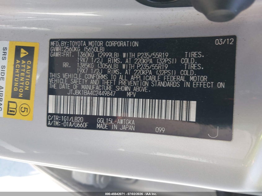 2012 Lexus Rx VIN JTJBK1BA4C2449847 IAAI salvage auction — REAR END, Salvage Title, sold $4,300 on 2026-07-19 (photo 9)