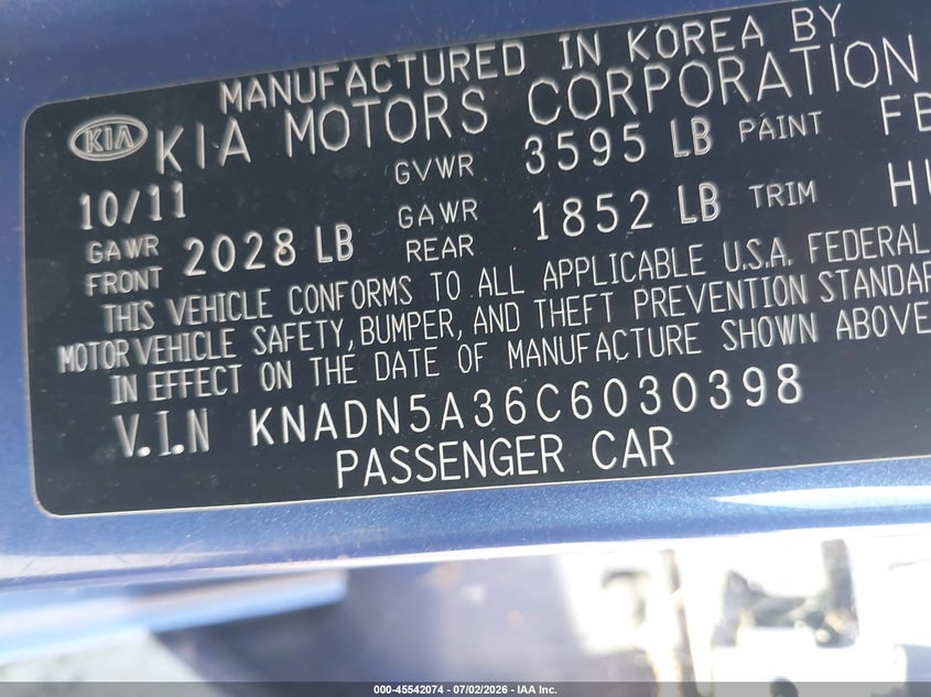 2012 Kia Rio VIN KNADN5A36C6030398 IAAI salvage auction — UNKNOWN, Clear (Florida), sold $300 on 2026-07-21 (photo 9)