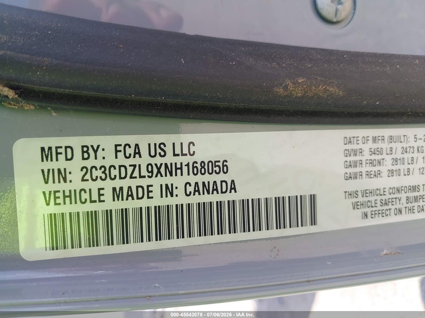 2022 Dodge Challenger VIN 2C3CDZL9XNH168056 IAAI salvage auction — FRONT END, Salvage Title, sold $11,600 on 2026-07-30 (photo 9)