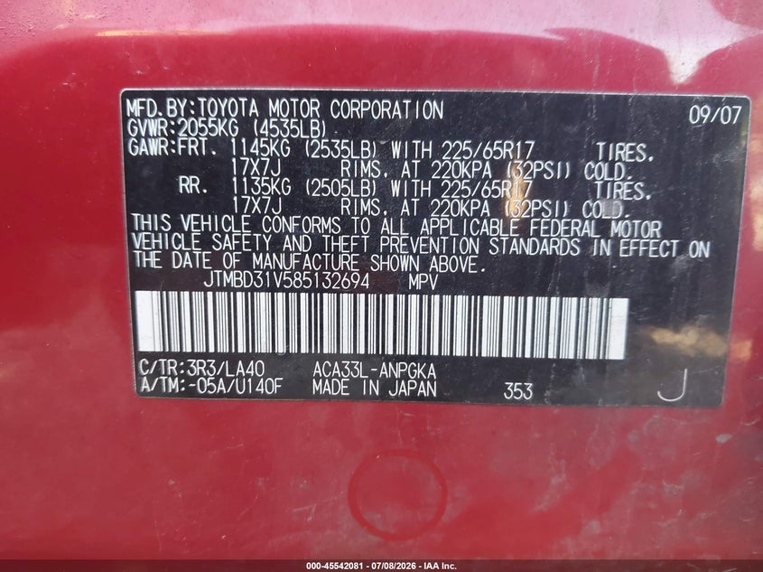 2008 Toyota Rav4 VIN JTMBD31V585132694 IAAI salvage auction — REAR END, Clear (Michigan), sold $825 on 2026-07-27 (photo 9)