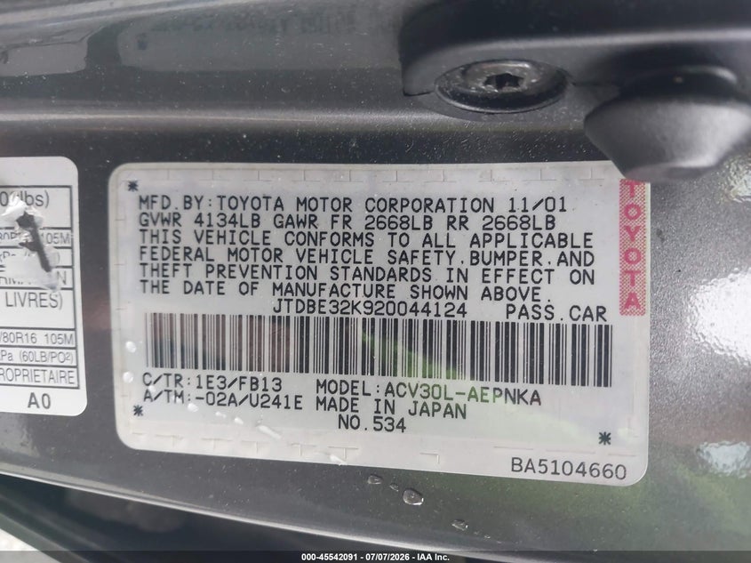 2002 Toyota Camry VIN JTDBE32K920044124 IAAI salvage auction — LEFT FRONT, Clear (Massachusetts), sold $475 on 2026-07-15 (photo 9)