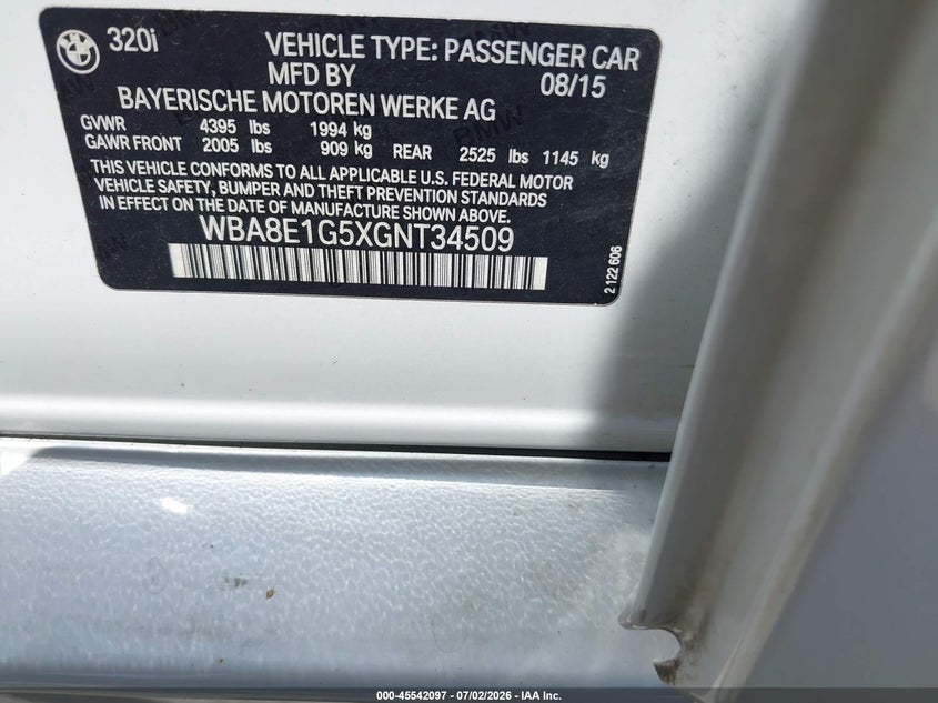 2016 BMW 3er VIN WBA8E1G5XGNT34509 IAAI salvage auction — NORMAL WEAR, Original (Texas), sold $1,125 on 2026-07-29 (photo 9)