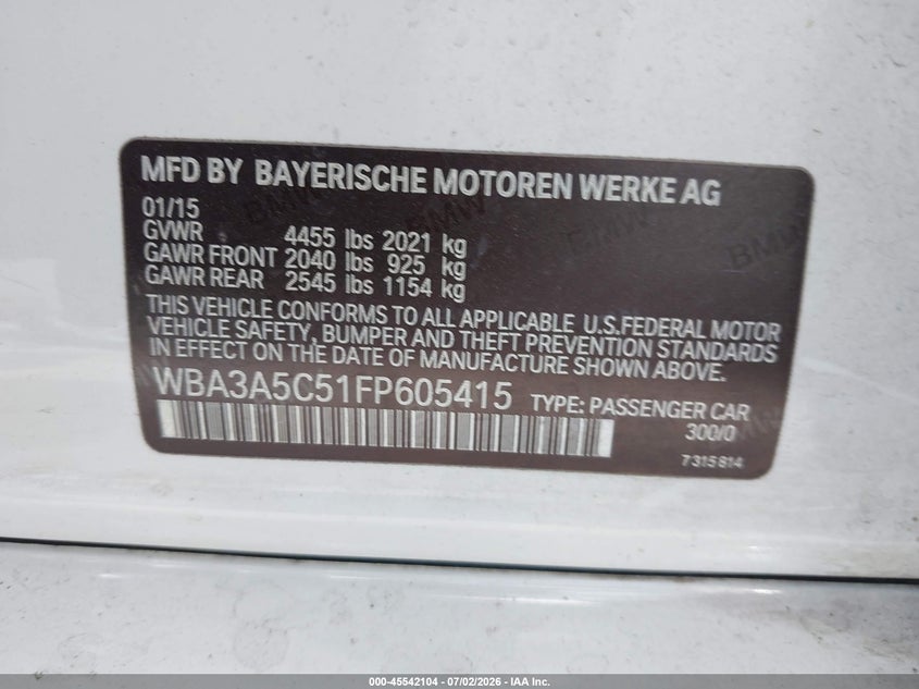 2015 BMW 3er VIN WBA3A5C51FP605415 IAAI salvage auction — NORMAL WEAR, Original (Texas), sold $600 on 2026-07-28 (photo 9)