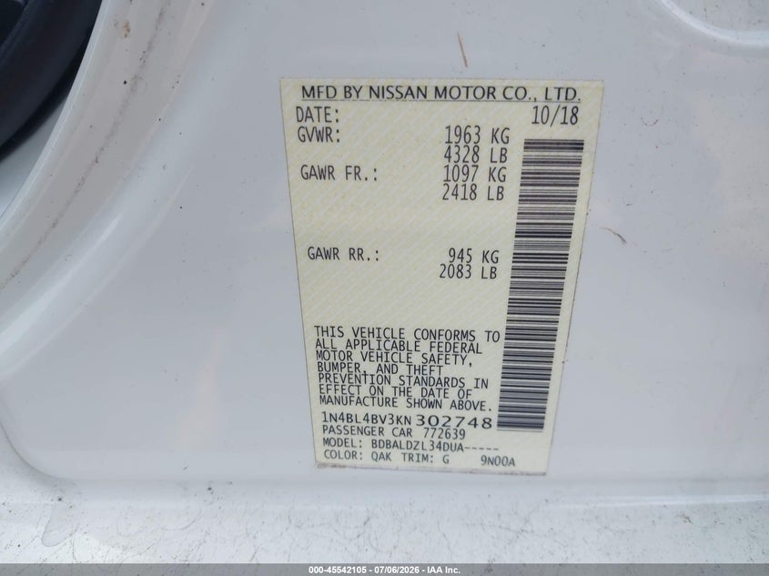 2019 Nissan Altima VIN 1N4BL4BV3KN302748 IAAI salvage auction — REAR END, Salvage Title, sold $2,850 on 2026-07-26 (photo 9)