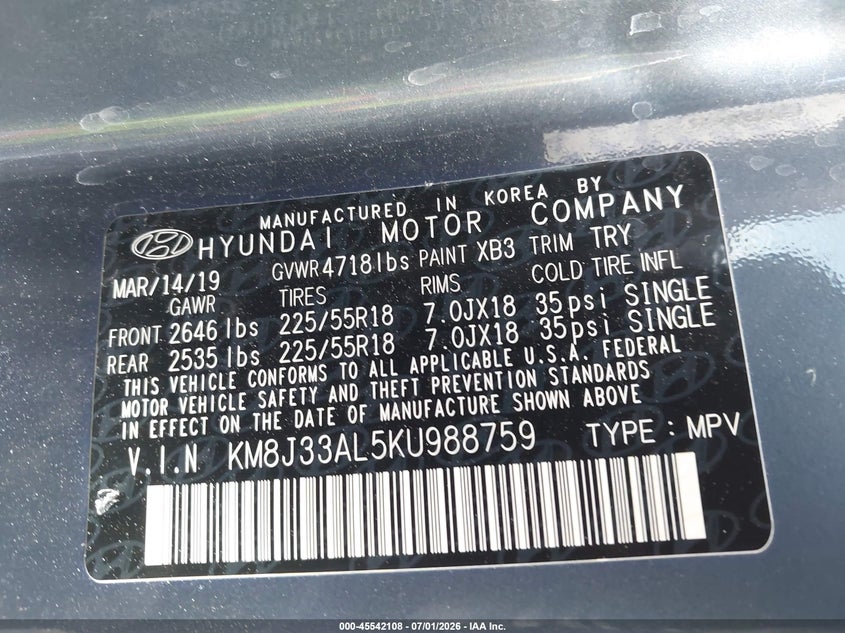 2019 Hyundai Tucson VIN KM8J33AL5KU988759 IAAI salvage auction — REAR END, Salvage (California), sold $3,600 on 2026-07-20 (photo 9)