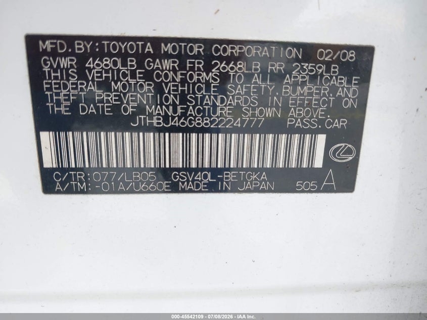 2008 Lexus Es 350 VIN JTHBJ46G882224777 IAAI salvage auction — NORMAL WEAR, Clear (Florida), sold $475 on 2026-07-16 (photo 9)