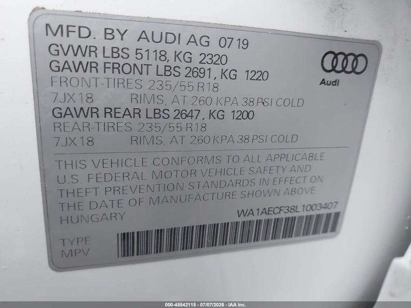 2020 Audi Q3 VIN WA1AECF38L1003407 IAAI salvage auction — FRONT & REAR, Salvage (New Jersey), sold $4,350 on 2026-08-01 (photo 9)
