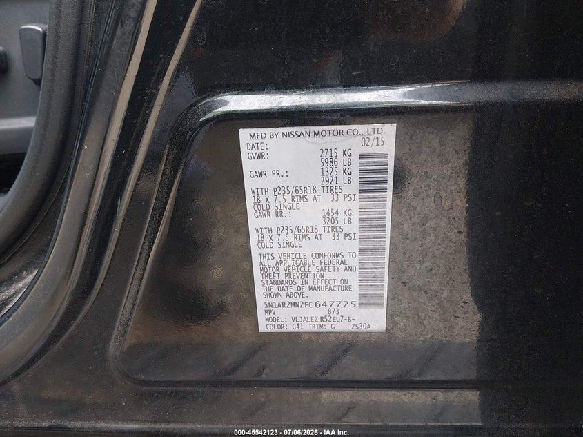 2015 Nissan Pathfinder VIN 5N1AR2MN2FC647725 IAAI salvage auction — NORMAL WEAR, Clear (Louisiana), sold $400 on 2026-07-22 (photo 9)