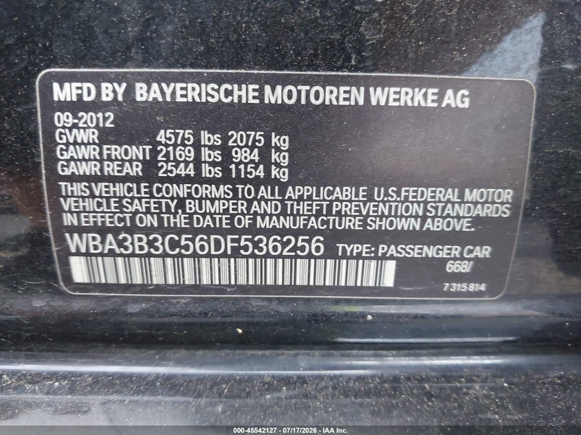 2013 BMW 3er VIN WBA3B3C56DF536256 IAAI salvage auction — NORMAL WEAR, Wait Title, sold $575 on 2026-08-06 (photo 9)