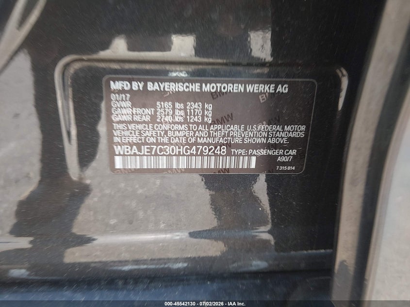 2017 BMW 5er VIN WBAJE7C30HG479248 IAAI salvage auction — NORMAL WEAR, Salvage Title, sold $3,900 on 2026-07-17 (photo 9)