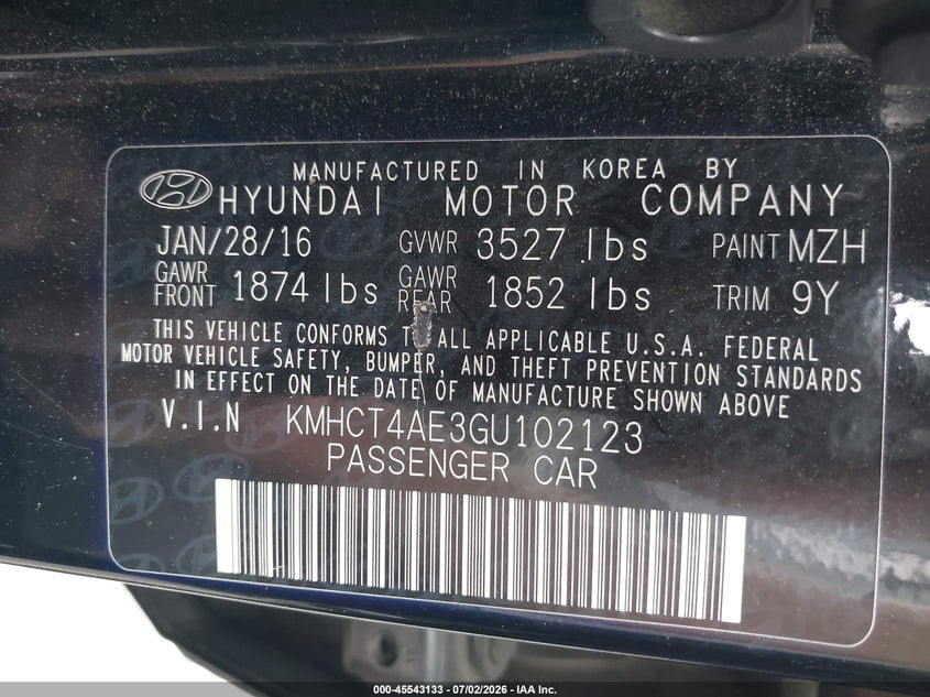 2016 Hyundai Accent VIN KMHCT4AE3GU102123 IAAI salvage auction — THEFT, Salvage Title, sold $450 on 2026-07-15 (photo 9)