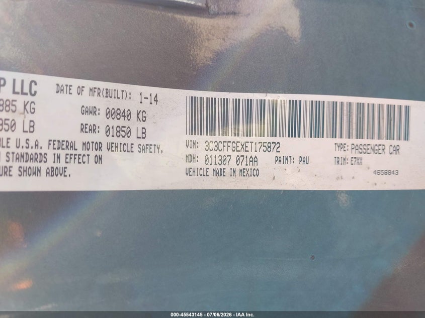2014 Fiat 500 VIN 3C3CFFGEXET175872 IAAI salvage auction — FRONT END, Salvage Title, sold $225 on 2026-08-12 (photo 9)