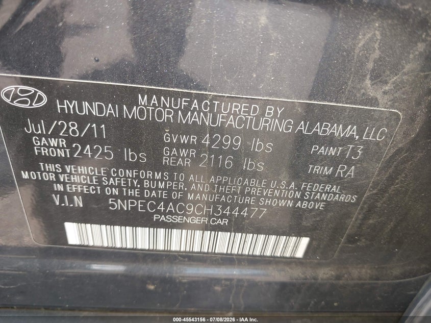 2012 Hyundai Sonata VIN 5NPEC4AC9CH344477 IAAI salvage auction — FRONT END, Clear (New Jersey), sold $225 on 2026-07-13 (photo 9)
