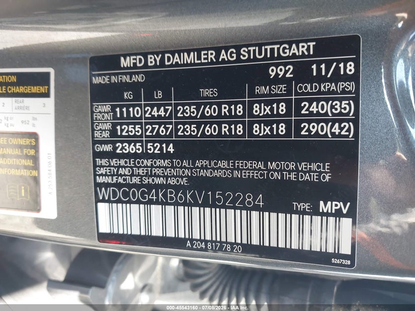 2019 Mercedes-benz Glc VIN WDC0G4KB6KV152284 IAAI salvage auction — FRONT END, Salvage Title, sold $10,550 on 2026-07-14 (photo 9)