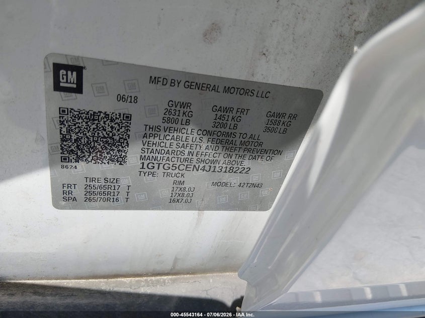2018 Gmc Canyon VIN 1GTG5CEN4J1318222 IAAI salvage auction — NORMAL WEAR, Original (Texas), sold $13,000 on 2026-07-29 (photo 9)