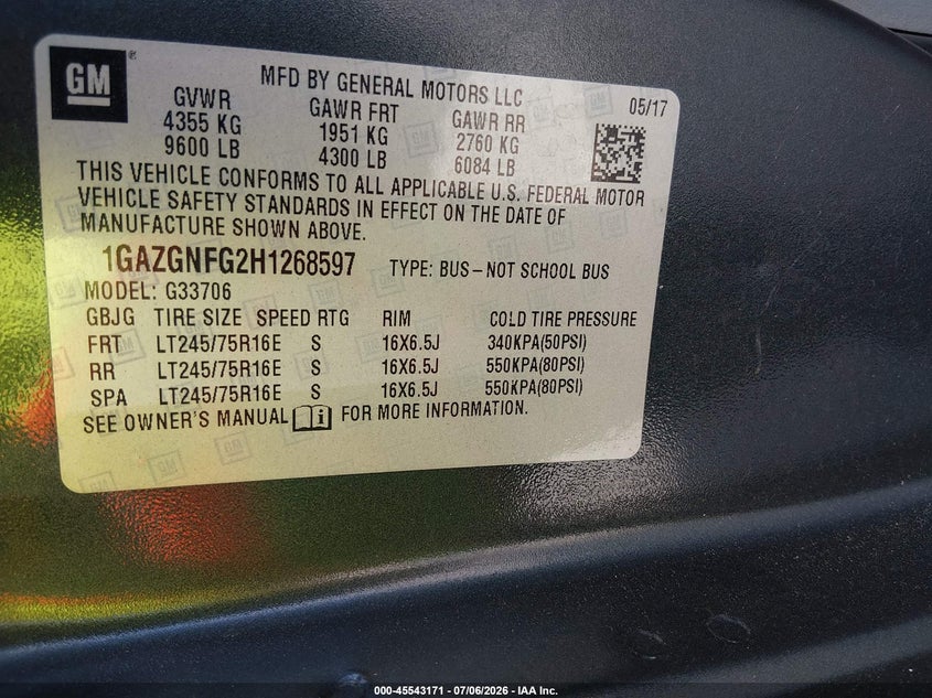 2017 Chevrolet VIN 1GAZGNFG2H1268597 IAAI salvage auction — NORMAL WEAR, Sf97 (Georgia), sold $17,650 on 2026-09-09 (photo 9)
