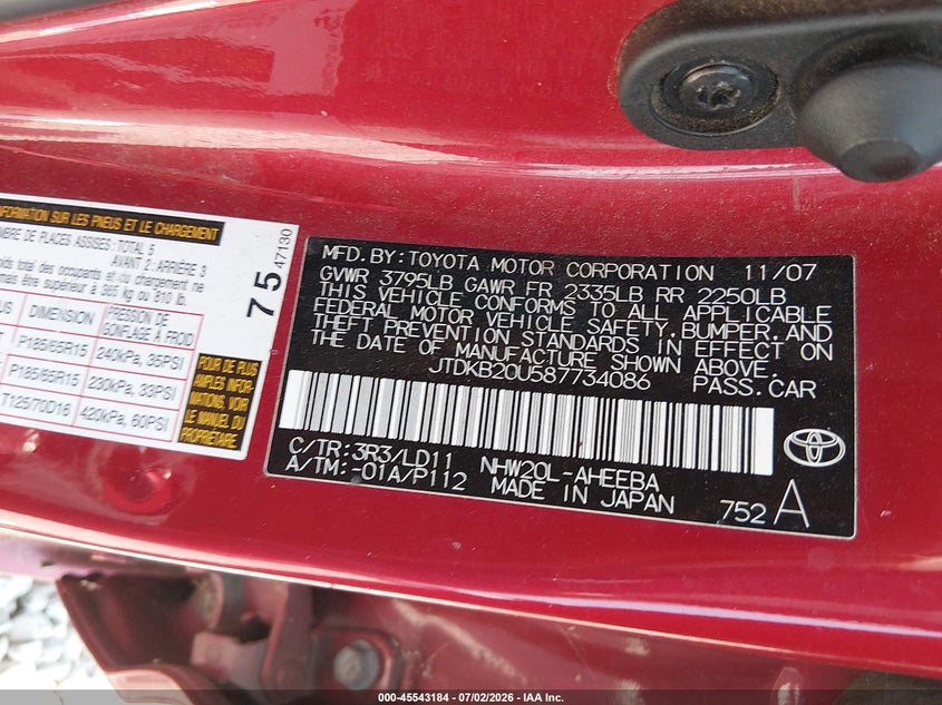 2008 Toyota Prius VIN JTDKB20U587734086 IAAI salvage auction — NORMAL WEAR, Clear (Tennessee), sold $600 on 2026-07-30 (photo 9)