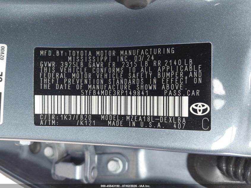 2024 Toyota Corolla VIN 5YFB4MDE3RP149841 IAAI salvage auction — REAR END, Enterprise Vehicles Clear Only (Washington), sold $11,500 on 2026-07-08 (photo 9)