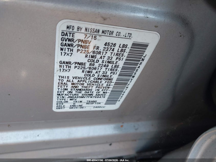 2015 Nissan Rogue VIN JN8AS5MV7FW769476 IAAI salvage auction — RIGHT SIDE, Mv-907A (New York), sold $450 on 2026-07-14 (photo 9)