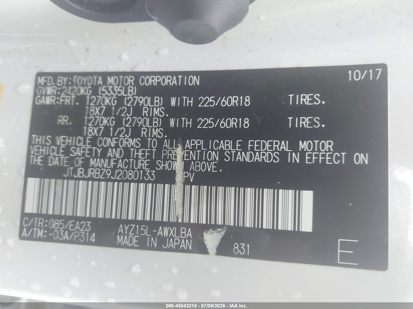 2018 Lexus Nx VIN JTJBJRBZ9J2080133 IAAI salvage auction — RIGHT REAR, Salvage (Pennsylvania), sold $7,300 on 2026-07-24 (photo 9)