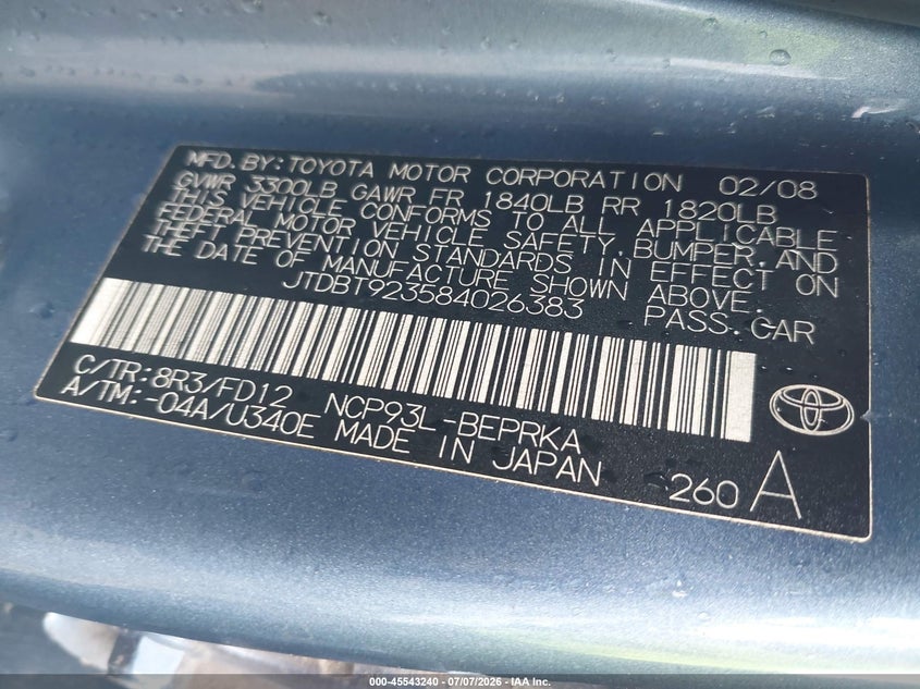 2008 Toyota Yaris VIN JTDBT923584026383 IAAI salvage auction — NORMAL WEAR, Clear (New York), sold $1,650 on 2026-07-14 (photo 9)