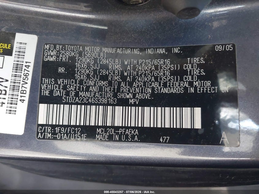 2006 Toyota Sienna VIN 5TDZA23C46S398163 IAAI salvage auction — REAR END, Salvage (Utah), sold $850 on 2026-07-23 (photo 9)