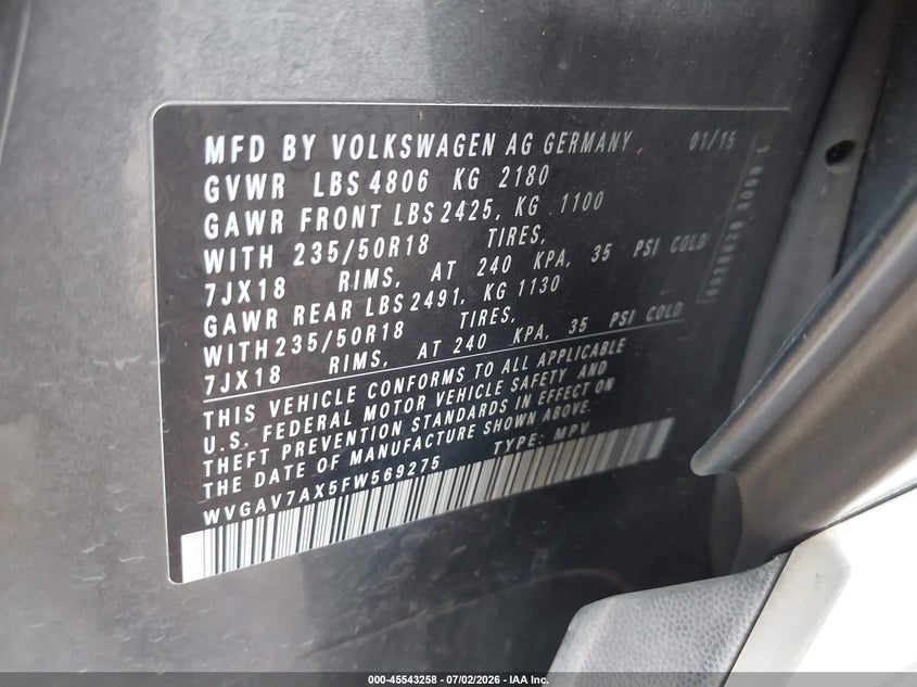 2015 Volkswagen Tiguan VIN WVGAV7AX5FW569275 IAAI salvage auction — NORMAL WEAR, Clear (California), sold $475 on 2026-07-29 (photo 9)