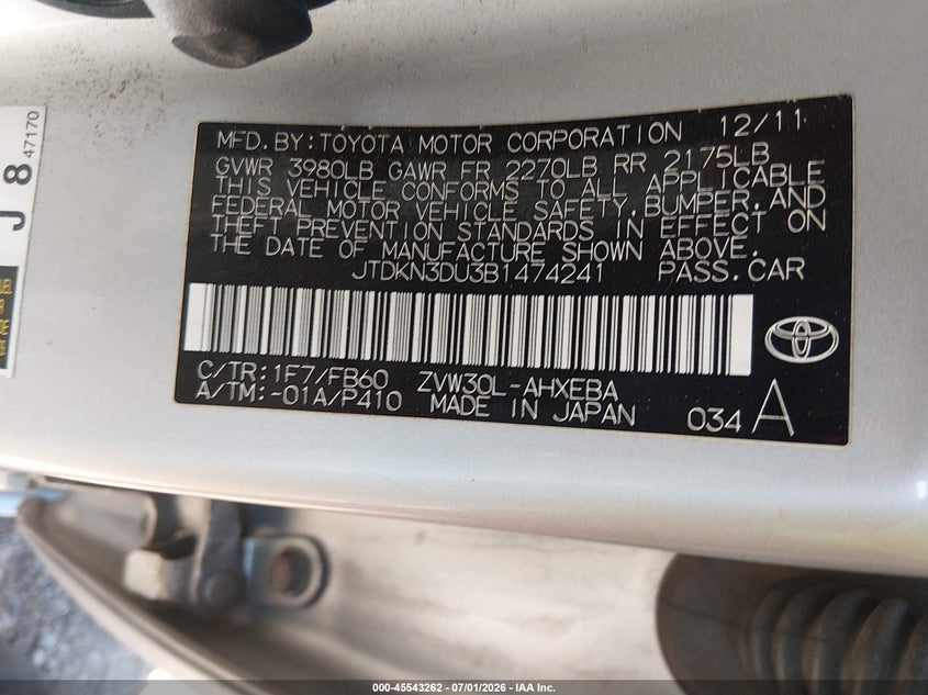 2011 Toyota Prius VIN JTDKN3DU3B1474241 IAAI salvage auction — NORMAL WEAR, Clear-Dealer Only (Arizona), sold $600 on 2026-07-28 (photo 9)