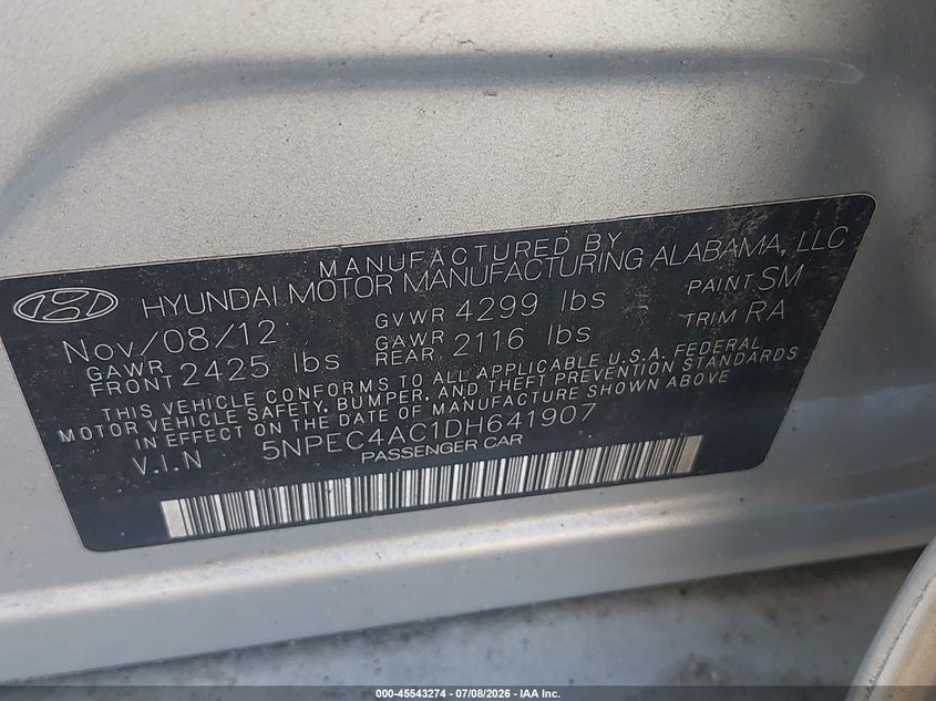 2013 Hyundai Sonata VIN 5NPEC4AC1DH641907 IAAI salvage auction — NORMAL WEAR, Clear (Maryland), sold $475 on 2026-07-27 (photo 9)