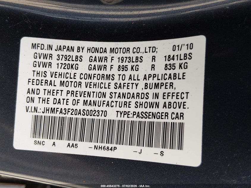 2010 Honda Civic hybrid VIN JHMFA3F20AS002370 IAAI salvage auction — NORMAL WEAR, Clear (Washington), sold $1,050 on 2026-07-09 (photo 9)