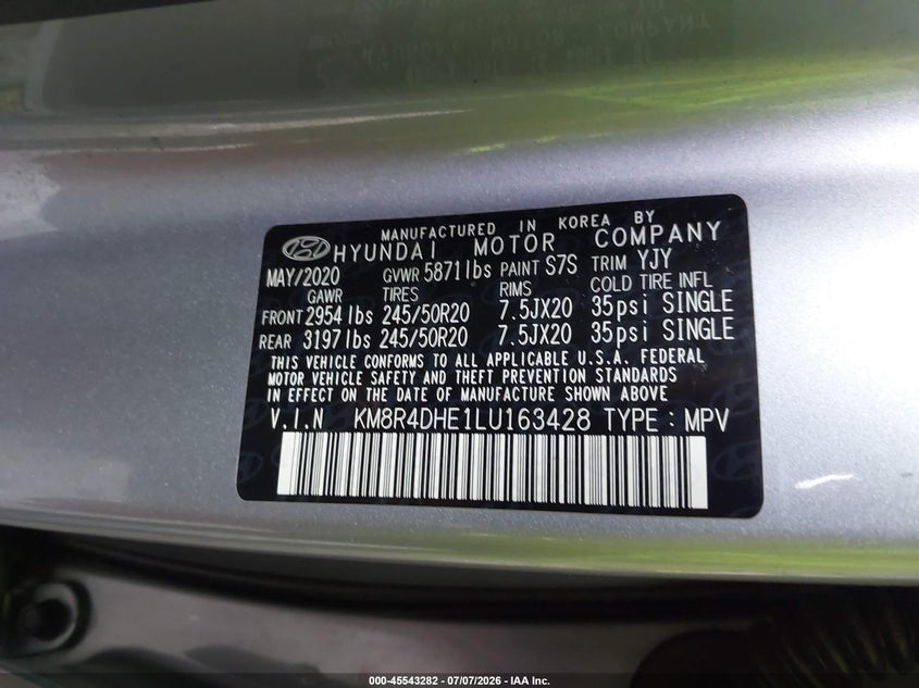 2020 Hyundai Palisade VIN KM8R4DHE1LU163428 IAAI salvage auction — REAR END, Mv-907A (New York), sold $2,050 on 2026-07-30 (photo 9)