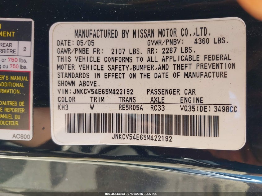 2005 Infiniti G35 VIN JNKCV54E65M422192 IAAI salvage auction — NORMAL WEAR, Clear - Dealer Only (California), sold $625 on 2026-07-28 (photo 9)