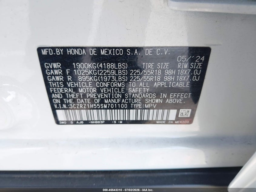 2025 Honda Hr-v VIN 3CZRZ1H55SM701100 IAAI salvage auction — RIGHT FRONT, Salvage Title, sold $9,950 on 2026-08-19 (photo 9)