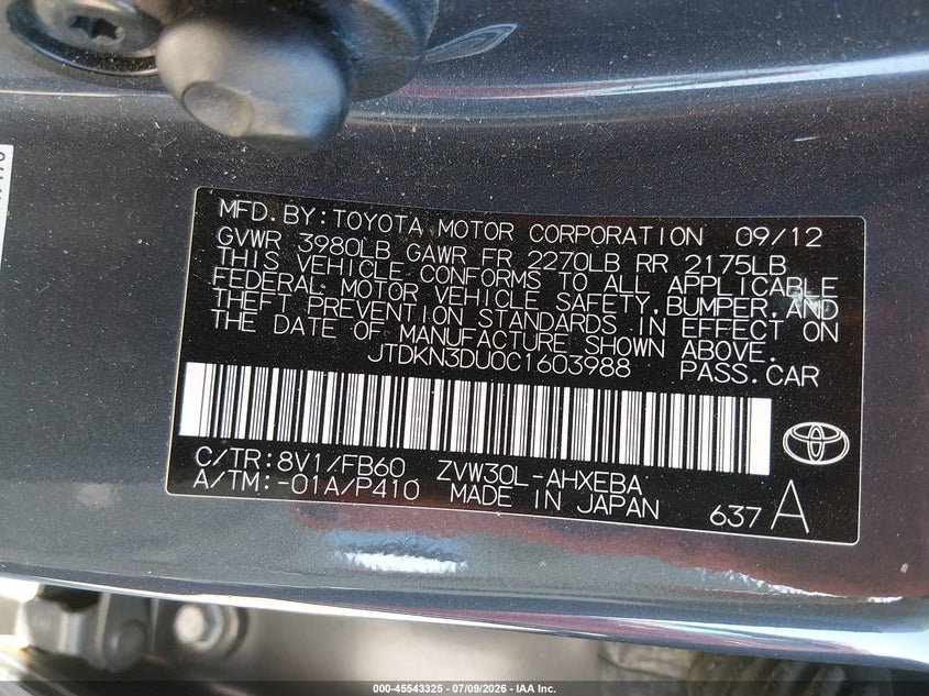 2012 Toyota Prius VIN JTDKN3DU0C1603988 IAAI salvage auction — REAR END, Salvage (California), sold $1,650 on 2026-07-21 (photo 9)