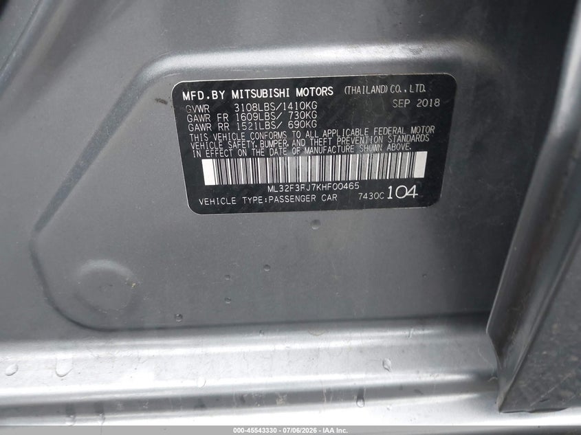 2019 Mitsubishi Mirage VIN ML32F3FJ7KHF00465 IAAI salvage auction — FRONT END, Salvage - Greater Than 75% (Maryland), sold $1,075 on 2026-07-30 (photo 9)