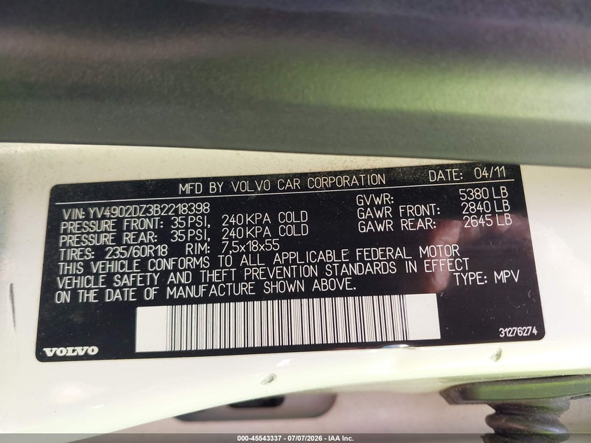 2011 Volvo Xc60 VIN YV4902DZ3B2218398 IAAI salvage auction — NORMAL WEAR, Clear (New Jersey), sold $750 on 2026-07-13 (photo 9)