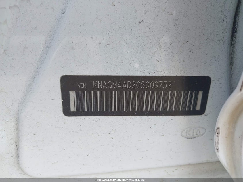 2012 Kia Optima VIN KNAGM4AD2C5009752 IAAI salvage auction — NORMAL WEAR, Clear (Pennsylvania), sold $400 on 2026-07-27 (photo 9)