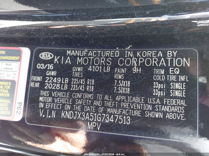 2016 Kia Soul VIN KNDJX3A51G7347513 IAAI salvage auction — REAR END, Salvage Title, sold $1,750 on 2026-07-29 (photo 9)