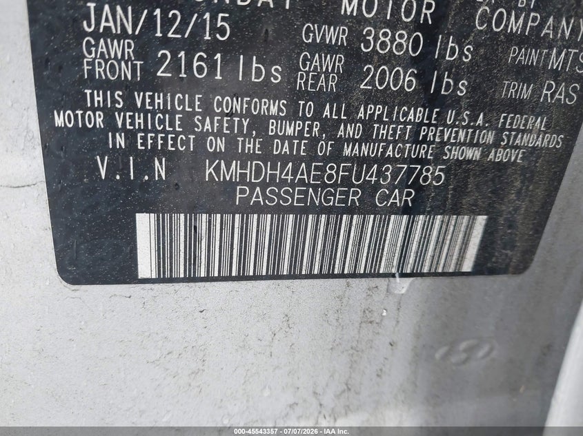 2015 Hyundai Elantra VIN KMHDH4AE8FU437785 IAAI salvage auction — FRONT END, Clear (Massachusetts), sold $575 on 2026-07-11 (photo 9)