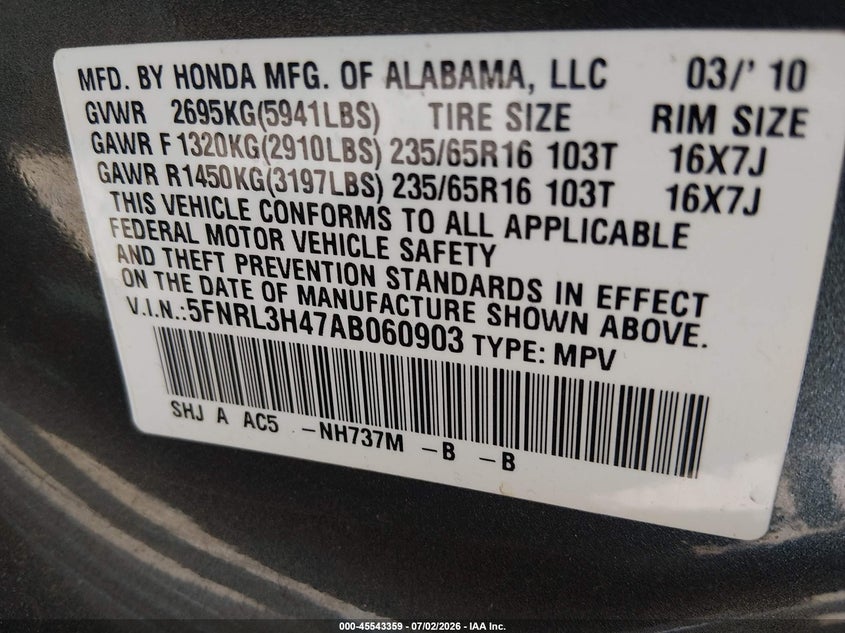 2010 Honda Odyssey VIN 5FNRL3H47AB060903 IAAI salvage auction — REAR END, Clear (Indiana), sold $4,450 on 2026-08-03 (photo 9)