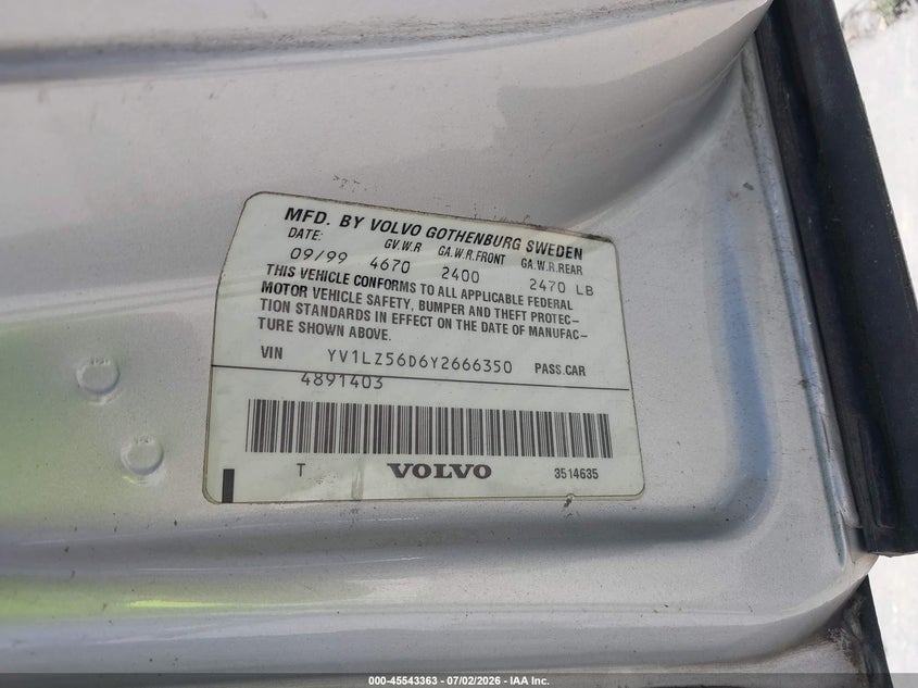 2000 Volvo V70 VIN YV1LZ56D6Y2666350 IAAI salvage auction — NORMAL WEAR, Clear - Dealer Only (California), sold $400 on 2026-07-20 (photo 9)