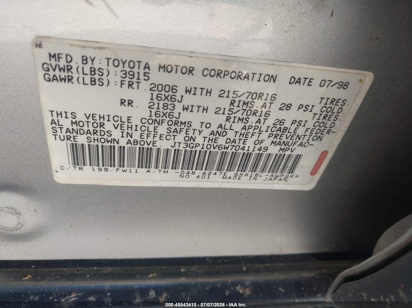 1998 Toyota Rav4 VIN JT3GP10V6W7041149 IAAI salvage auction — NORMAL WEAR, Clear (Illinois), sold $225 on 2026-07-29 (photo 9)